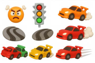 Racing icon set with angry emoji, traffic light, and colorful cars for creative design