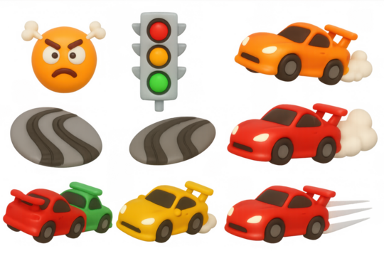 Racing icon set with angry emoji, traffic light, and colorful cars for creative design