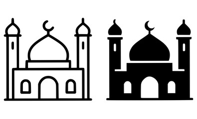 Icon, mosque illustration, black and white, outline and silhouette