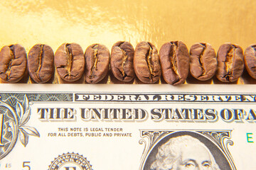 Roasted coffee beans aligned on a U.S. dollar bill, highlighting currency details and a portrait in a blurred background, ideal for finance and coffee concepts