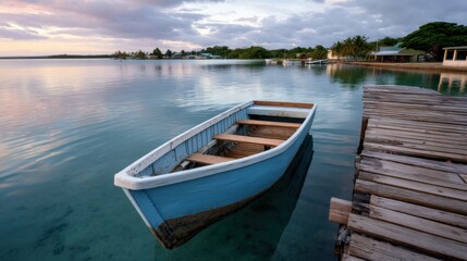 A sun-scorched dinghy tied to a rickety pier in a vibrant South Pacific harbor at dusk. 