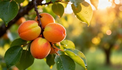 A close-up shot at eye level captures a cluster of ripe orange apricots hanging from a tree branch.