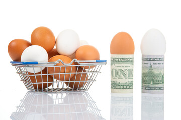 White and brown eggs in a metal basket next to rolled one- and two-dollar bills with an egg, set against a glossy white background for a financial food theme.