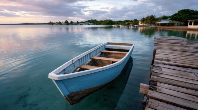 A sun-scorched dinghy tied to a rickety pier in a vibrant South Pacific harbor at dusk. 