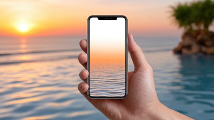 Mockup phone with white screen held by a hand against a backdrop of a vibrant sunset over a seaside pool.