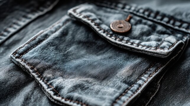 Close-up of an open jacket pocket showcasing textured denim fabric, highlighted by gritty urban tones and soft side lighting, emphasizing casual style and detail