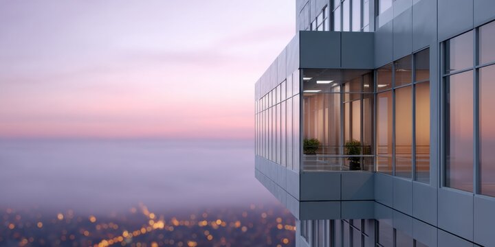 Minimalist glass facade of an office building with soft morning mist and city lights in the background.