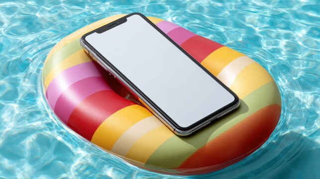 Mockup phone with white screen on a colorful pool float drifting in turquoise water under bright sunlight. 