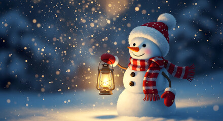 Snowman Holding a Lantern in Winter Night