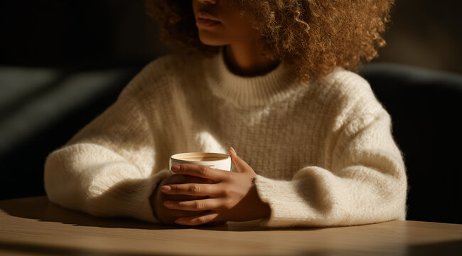 Woman in a cozy sweater holding a warm cup of coffee