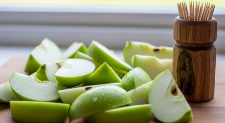 Fresh green apple slices with wooden toothpicks
A close-up, brightly lit image of numerous freshly sliced green apples (Granny Smith-style) piled on a wooden cutting board