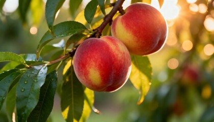Obraz premium A close-up shot at eye level captures a cluster of ripe red peaches hanging from a tree branch.