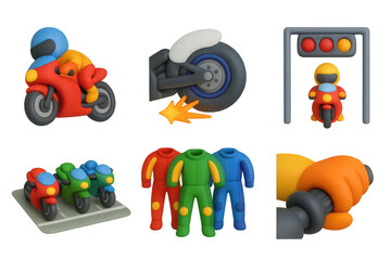 Fototapeta premium Vibrant racing icon set with motorcycles, gear, and accessories for digital design