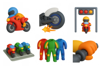 Vibrant racing icon set with motorcycles, gear, and accessories for digital design