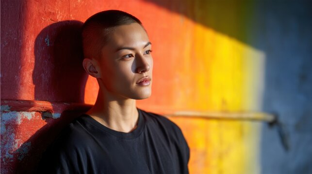 Striking non-binary portrait with a colorful buzz cut, half their face in shadow, against a gritty industrial background. 