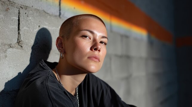 Striking non-binary portrait with a colorful buzz cut, half their face in shadow, against a gritty industrial background. 
