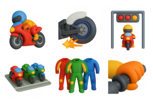 Vibrant racing icon set with motorcycles, gear, and accessories for digital design