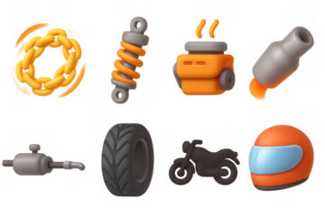 Vibrant motorcycle icon set with engine, helmet, and tire illustrations for design projects
