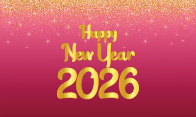 Golden happy new year 2026 text on warm red to gold gradient background. Bright festive 2026 greeting with glowing celebratory tone.