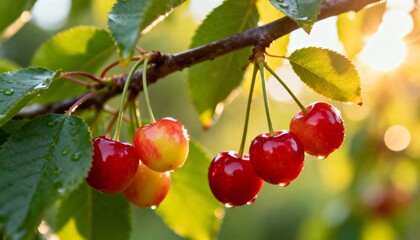 Obraz premium A close-up shot at eye level captures a cluster of ripe red cherries hanging from a tree branch.