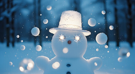 Glowing Snowman in a Snowy Forest