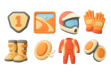 Racing gear icon set with helmet, gloves, boots, and suit for extreme sports design projects