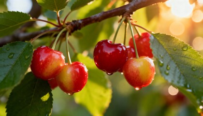 A close-up shot at eye level captures a cluster of ripe red cherries hanging from a tree branch.