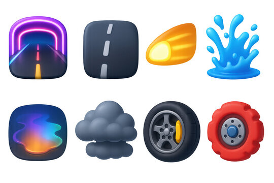 Neon night race icons set for modern digital design and gaming interfaces - Powered by Adobe