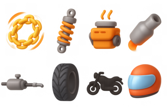 Vibrant motorcycle icon set with engine, helmet, and tire illustrations for design projects