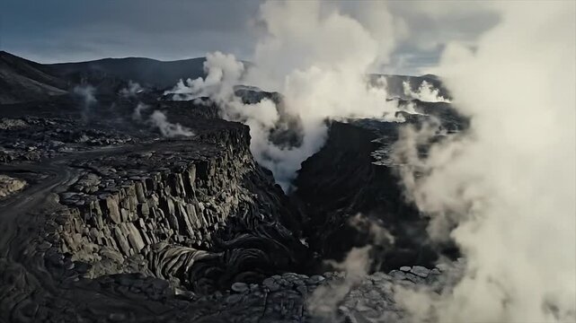 Volcanic Eruption Spewing Smoke and Steam Over Rugged Landscape.