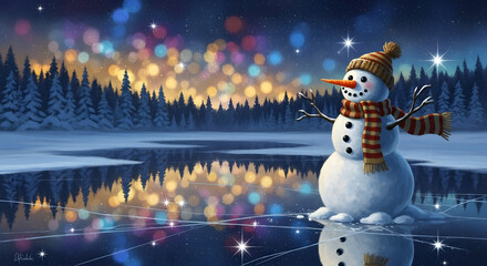 Snowman Under Colourful Winter Lights