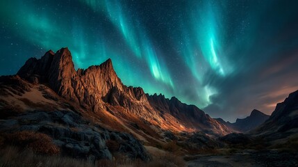 Naklejka premium aurora borealis over basalt cliffs at night