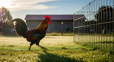 Proud Rooster Struts Across Grassy Farmyard in Morning Sunlight
A vibrant, proud rooster with rich red, black, and greenish-black feathers struts confidently across a sun-drenched grassy field