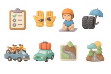 Race day preparation elements with icons for checklists, safety gear, travel, and routes