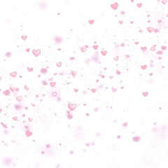 Full-frame confetti shower overlay with falling pink hearts, sparkling glitter, and bokeh effects. Ideal for backgrounds, textures, or seamless patterns.