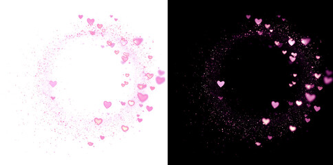 Dense pink glitter heart wreath overlay with bokeh effects, forming a complete circular border. Perfect element for wedding invitations or text frames. © Iryna