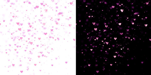 Full-frame confetti shower overlay with falling pink hearts, sparkling glitter, and bokeh effects. Ideal for backgrounds, textures, or seamless patterns.