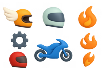 Icon set featuring motorcycles, helmets, gears, and flames for graphic design
