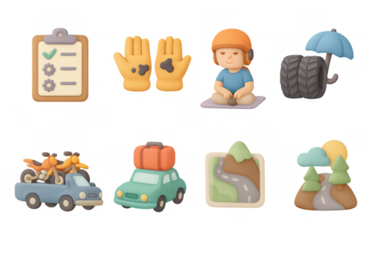 Race day preparation elements with icons for checklists, safety gear, travel, and routes