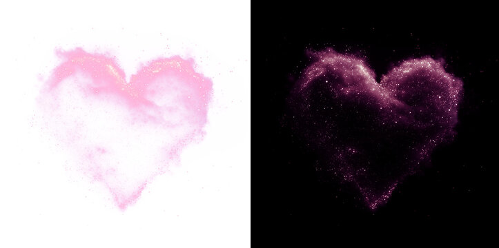 Soft pink cloud heart overlay, defined by diffused mist, vapor, and subtle glitter highlights. Ethereal and organic soft focus effect for romance designs.