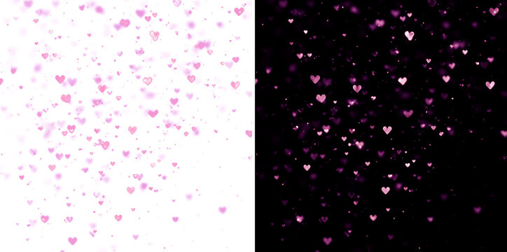 Full-frame confetti shower overlay with falling pink hearts, sparkling glitter, and bokeh effects. Ideal for backgrounds, textures, or seamless patterns.