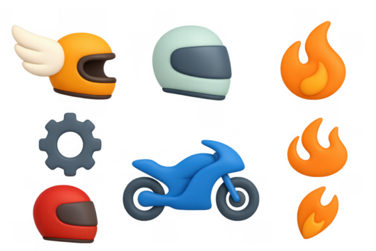 Icon set featuring motorcycles, helmets, gears, and flames for graphic design