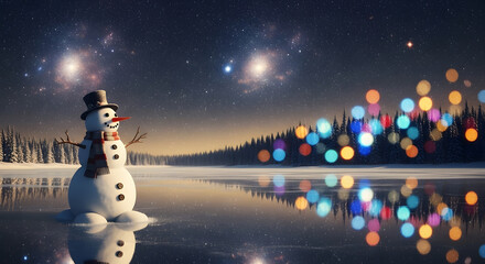 Snowman Under Colourful Winter Lights