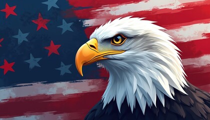 Naklejka premium Bald eagle portrait against distressed American flag backdrop. Symbol of strength, freedom, this illustration is great for national holidays, political themes. It features bold colors, sharp details.
