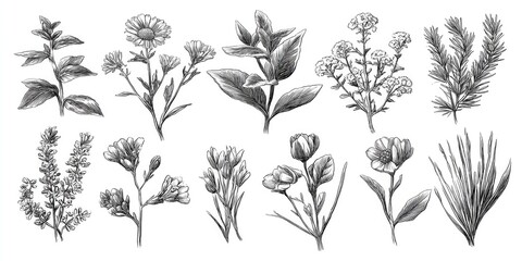 Fototapeta premium Black and white sketches of various plant species