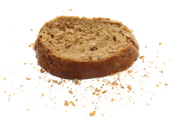 Slice integral wheat bread with different seeds and crumbs isolated on white background 
