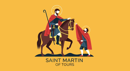 Saint Martin of Tours sharing cloak with beggar, a charitable act of kindness and compassion, symbol of generosity and humanitarianism in a religious context, honoring a beloved saint