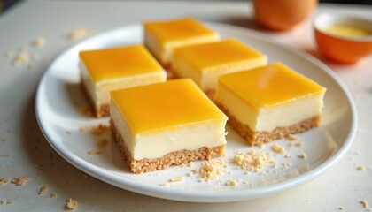 Five quindim desserts are on plate. Coconut custard squares sit atop a crumb base. Tasty treats look sweet. Desserts feature glossy tops. Food concept for menu cards desserts blog.