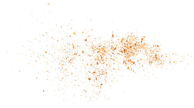 Bread crumbs flying, isolated on white background and texture