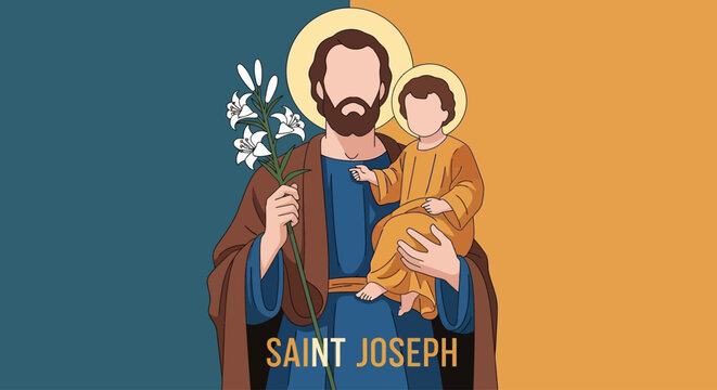 Saint Joseph Holding Baby Jesus with Lilies, a classic depiction perfect for religious education materials and faith-based publications, conveying love and devotion